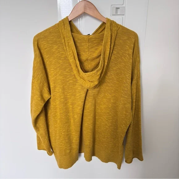 Eileen Fisher organic cotton linen slub Mustard Knit Hooded Pullover top size S - Picture 2 of 11